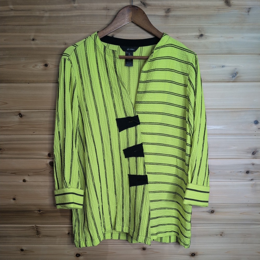 Ali Miles Lime Green Black Striped Toggle Button Tunic Top Medium